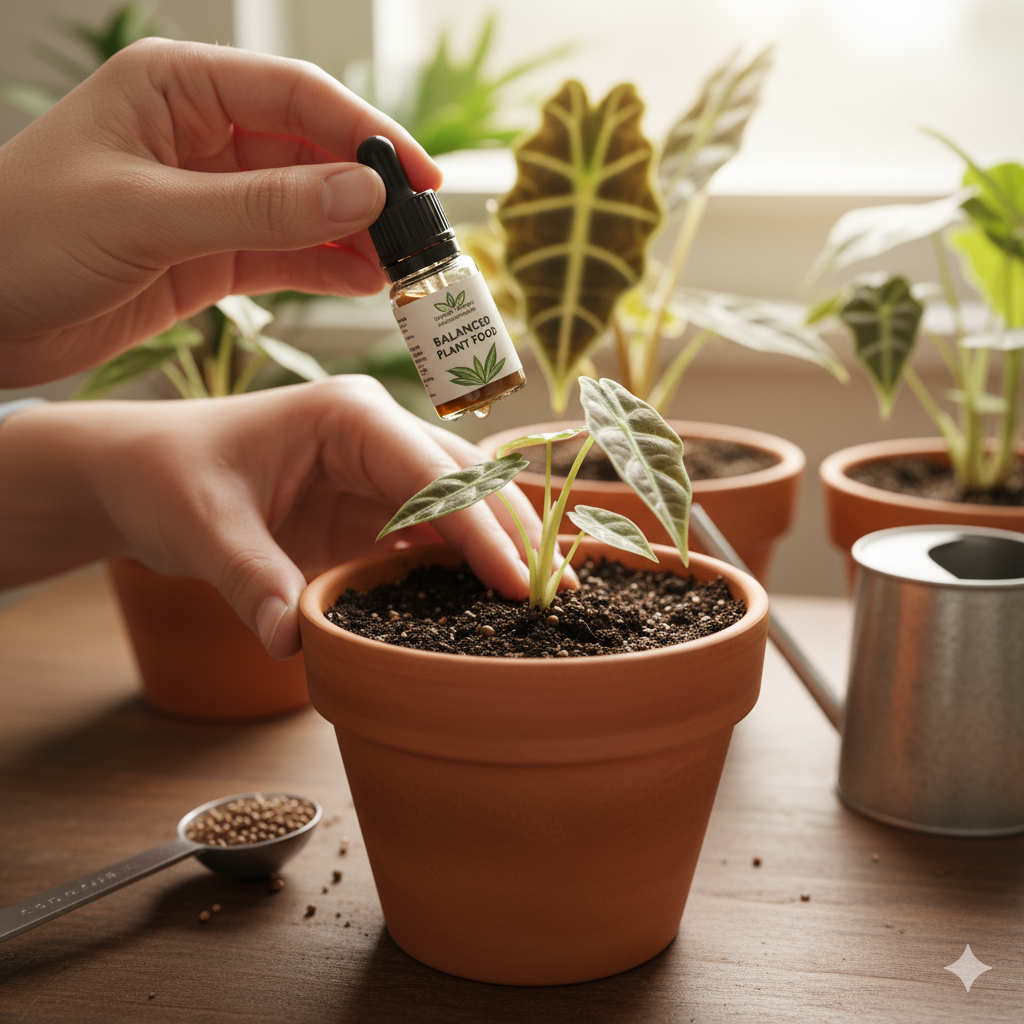 Mãos aplicando um fertilizante líquido rotulado "Balanced Plant Food" (Alimento Balanceado para Plantas) em um pequeno vaso de terracota com uma planta jovem de folhas escuras. No fundo, há mais plantas e um pequeno regador, e uma colher com fertilizante granulado está na frente.