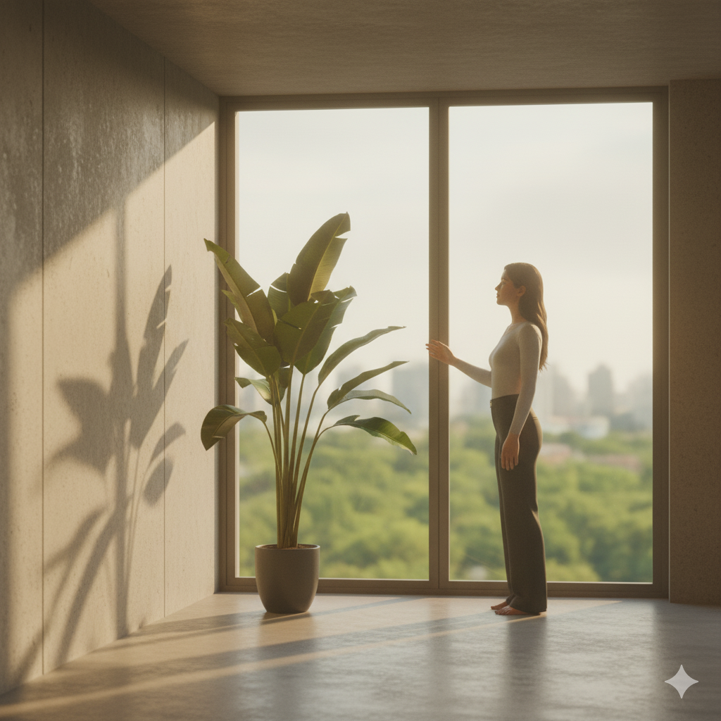 Uma sala de estar moderna e iluminada por luz natural, com um sofá amarelo e uma estante de madeira. Várias plantas, incluindo cactos grandes, uma trepadeira pendente e outras plantas raras, estão dispostas em diferentes vasos e prateleiras, criando um ambiente exuberante e convidativo.