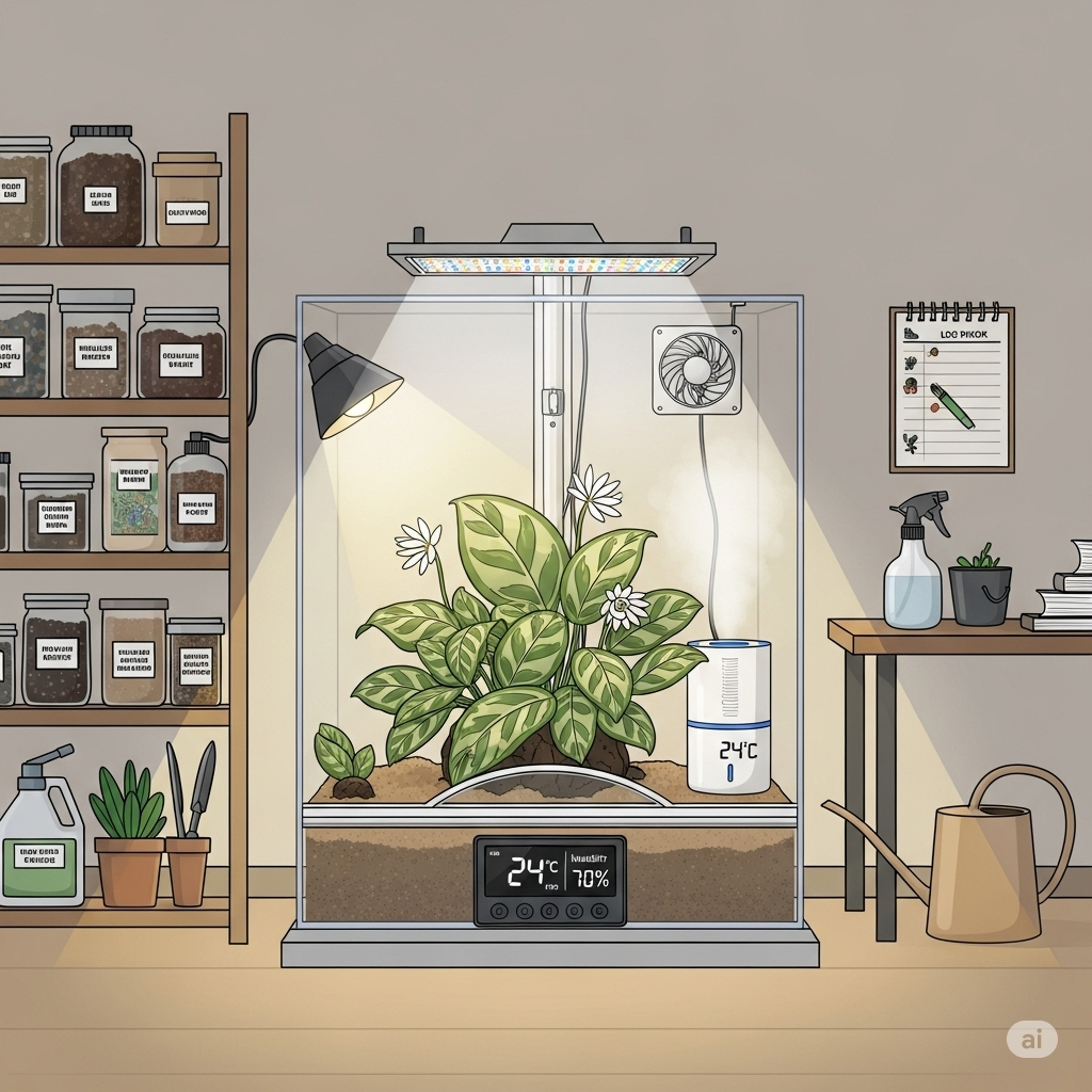 Ilustração de um terrário para plantas raras, mostrando equipamentos para controle de luz, temperatura e umidade, além de suprimentos de jardinagem organizados.
