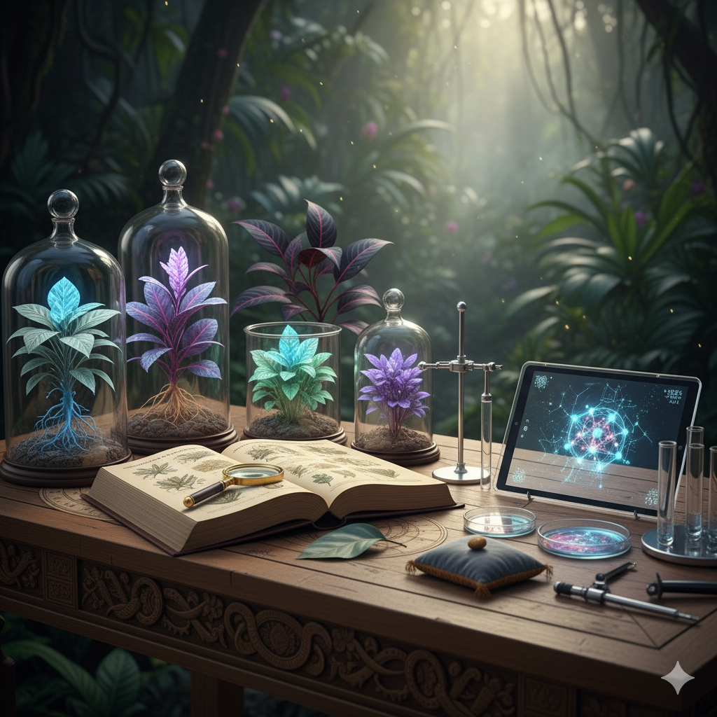 "Uma mesa de madeira rústica em meio a uma floresta exuberante e iluminada pelo sol. Sobre a mesa, há um livro antigo aberto com ilustrações botânicas e uma lupa. Várias plantas raras e luminosas são exibidas dentro de redomas de vidro e terrários, algumas com raízes visíveis. Ao lado, um tablet mostra uma imagem de uma rede neural ou estrutura molecular, acompanhado de tubos de ensaio e placas de Petri, simbolizando a pesquisa científica de plantas."
