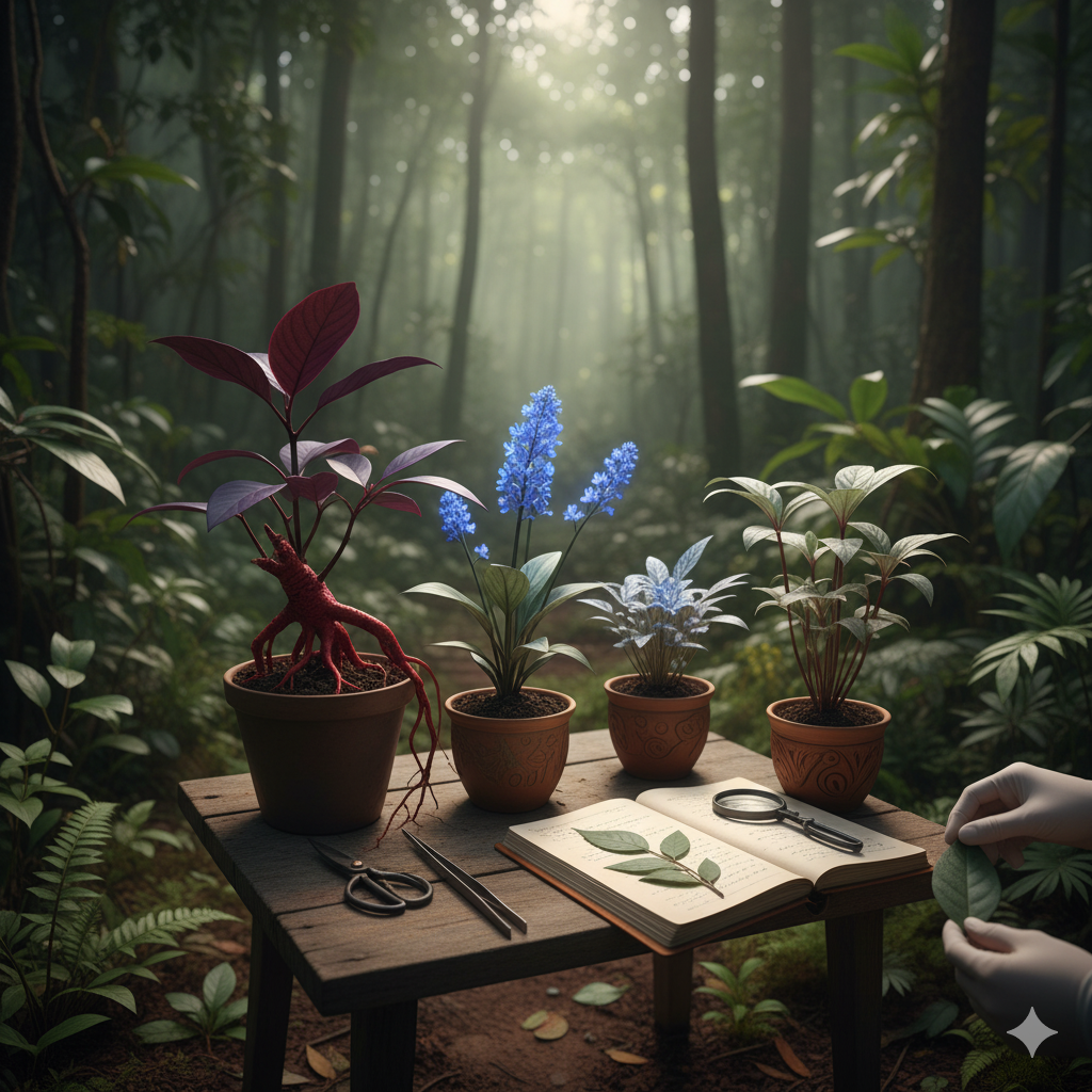 Uma mesa de madeira rústica posicionada em uma floresta exuberante e misteriosa. Sobre a mesa, há quatro vasos de terracota contendo diferentes plantas, cada uma com características únicas, como folhas avermelhadas, flores azuis vibrantes e raízes expostas. Ao lado dos vasos, um livro aberto com ilustrações de folhas e uma lupa. Há também uma tesoura de poda e uma pinça. À direita da imagem, uma mão usando luva branca segura delicadamente uma folha, sugerindo estudo e cuidado com as plantas.