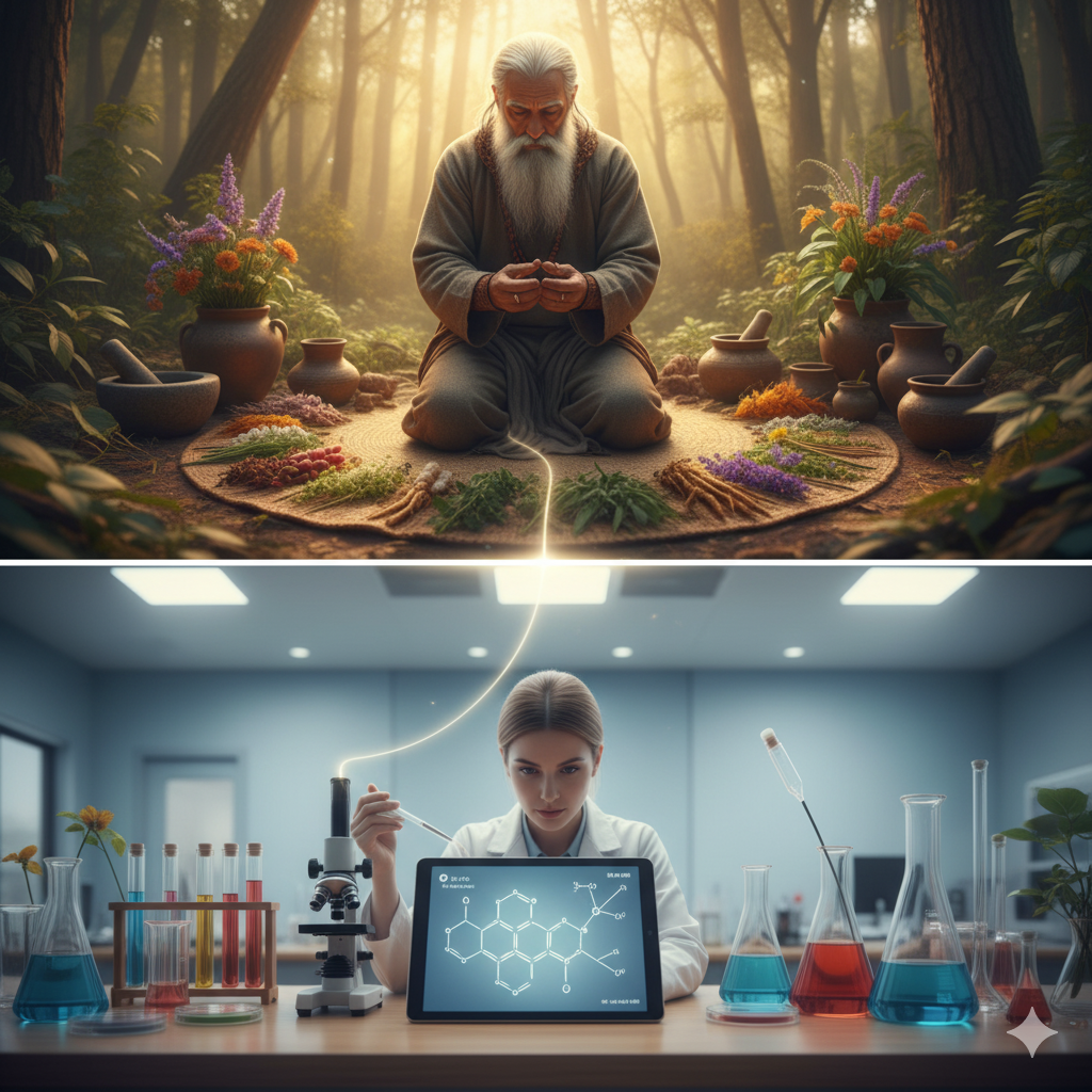 Uma composição de mesa que une o antigo e o moderno. No centro, diversas plantas com flores e folhas de cores variadas são cercadas por frascos de laboratório com líquidos coloridos. Ao fundo, livros abertos mostram ilustrações antigas de plantas e anatomia humana. Na frente, uma lupa, um microscópio e um tablet digital exibindo uma fórmula química complexa. A cena é iluminada por uma luz suave que entra por uma janela, destacando a fusão de sabedoria ancestral e ciência moderna na fitoterapia.