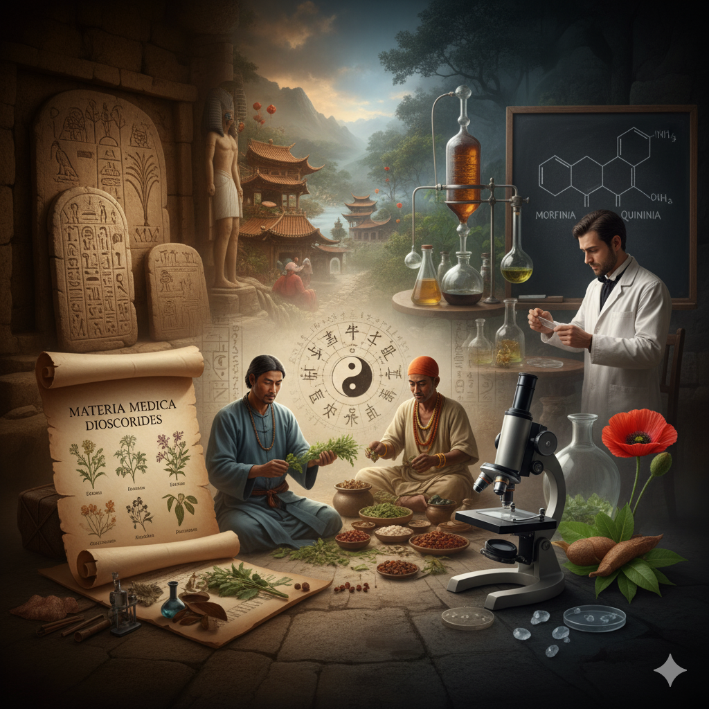 Uma composição visual que narra a história da fitoterapia através de diferentes eras e culturas. No canto superior esquerdo, hieróglifos egípcios e uma figura faraônica remetem às práticas antigas. No centro, elementos da Medicina Tradicional Chinesa e Ayurveda são representados por duas figuras preparando ervas, com o símbolo do Yin e Yang ao fundo. Um pergaminho antigo exibe a 'Materia Medica Dioscorides' com ilustrações botânicas. No lado direito, um cientista moderno em um laboratório com vidrarias, um microscópio e um quadro-negro com fórmulas químicas para morfina e quinina, ilustra a evolução para a farmacologia. Plantas como a papoula e a raiz de quina são visíveis, conectando as origens naturais dos medicamentos.