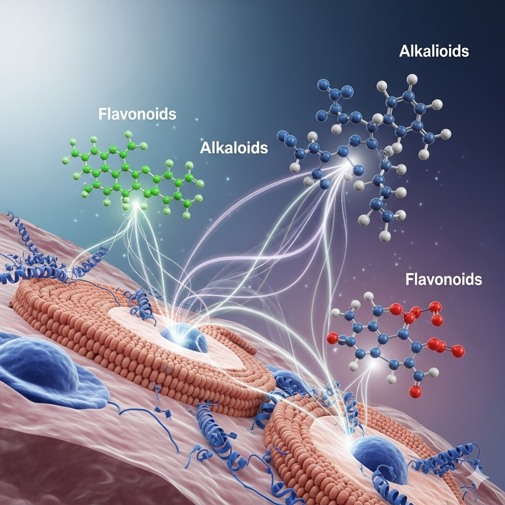 Representação molecular de alcaloides e flavonoides interagindo com células.