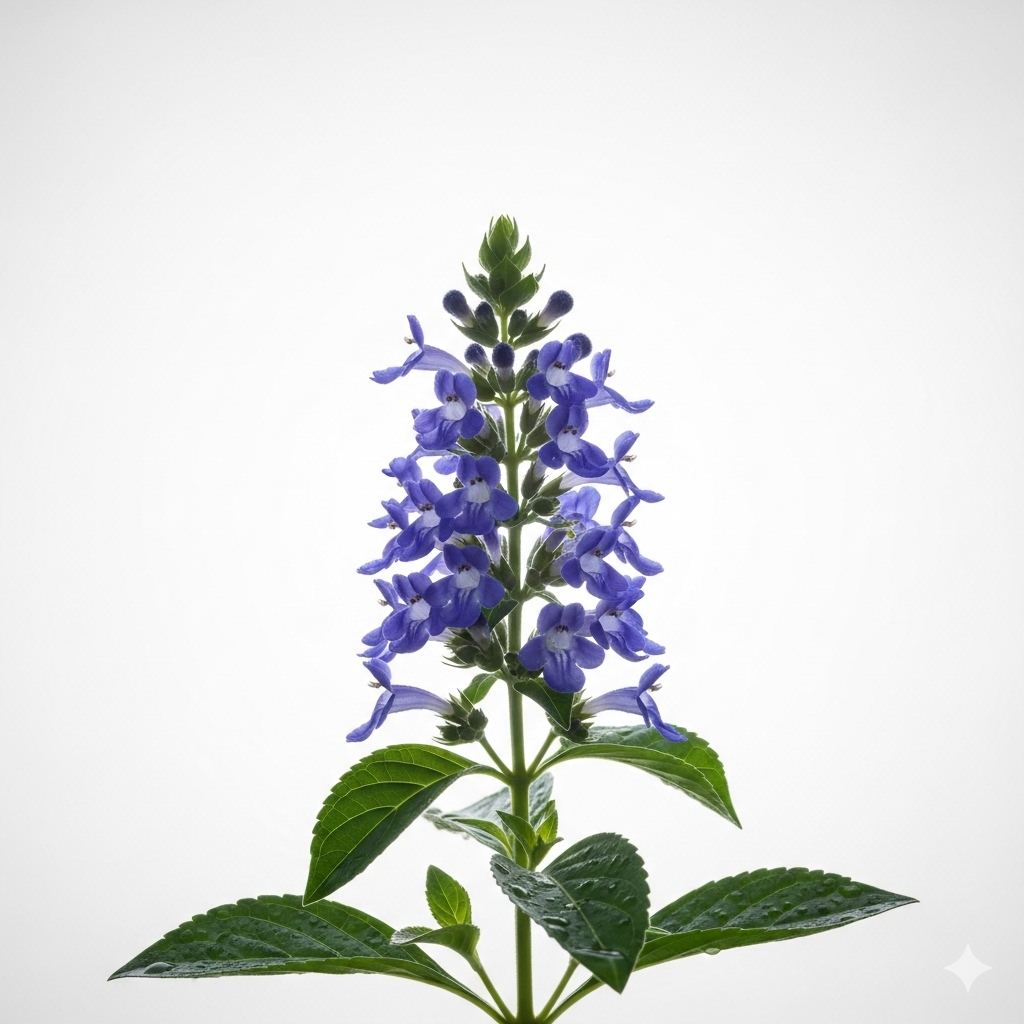 Planta medicinal rara com flores roxas e folhas verdes em um fundo branco, destacada pela iluminação suave.