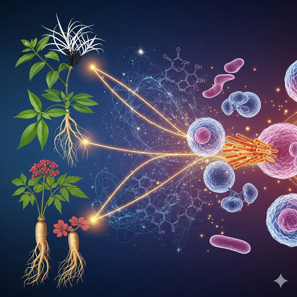 Ilustração que conecta plantas de Unha-de-gato e Ginseng Siberiano com células imunológicas e estruturas moleculares, simbolizando a imunomodulação.
