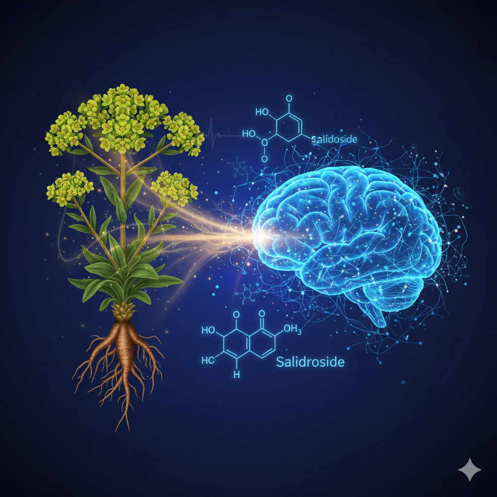 Ilustração da planta Rhodiola rosea com suas raízes e flores, conectada por feixes de luz a um cérebro humano estilizado e a fórmulas químicas do salidrosídeo, representando neuroproteção.