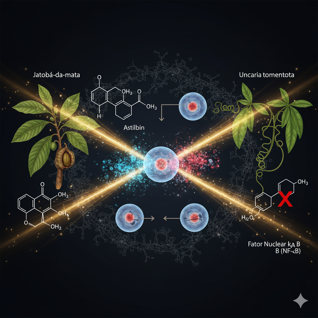 Ilustração que conecta a planta Jatobá-da-mata e sua molécula de Astilbin, e a planta Uncaria tomentosa (Unha-de-gato) com a inibição do Fator Nuclear kappa B (NF-κB), mostrando a interação com células e o combate à inflamação e ao estresse oxidativo.