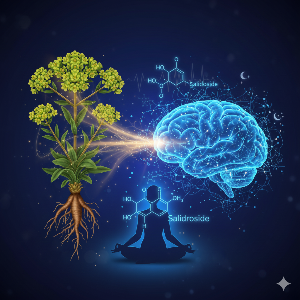 Ilustração da planta Rhodiola rosea com suas raízes e flores, conectada por feixes de luz a um cérebro humano estilizado e a fórmulas químicas do salidrosídeo, com um ícone de pessoa meditando e símbolos de sono e lua, representando a regulação do sono e ansiedade.