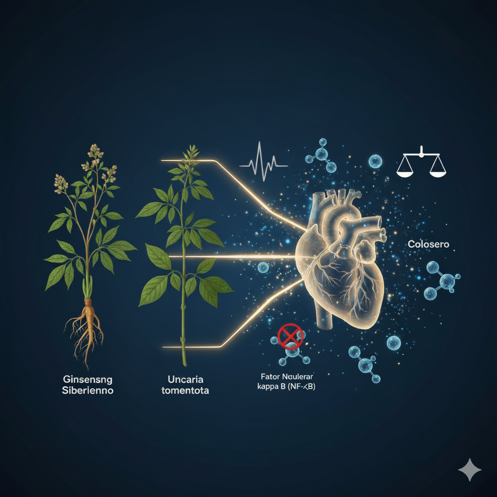 Ilustração que conecta a planta Ginseng Siberiano e a Uncaria tomentosa (Unha-de-gato) a um coração humano estilizado, moléculas e uma balança, representando os benefícios para a saúde cardiovascular e metabólica.