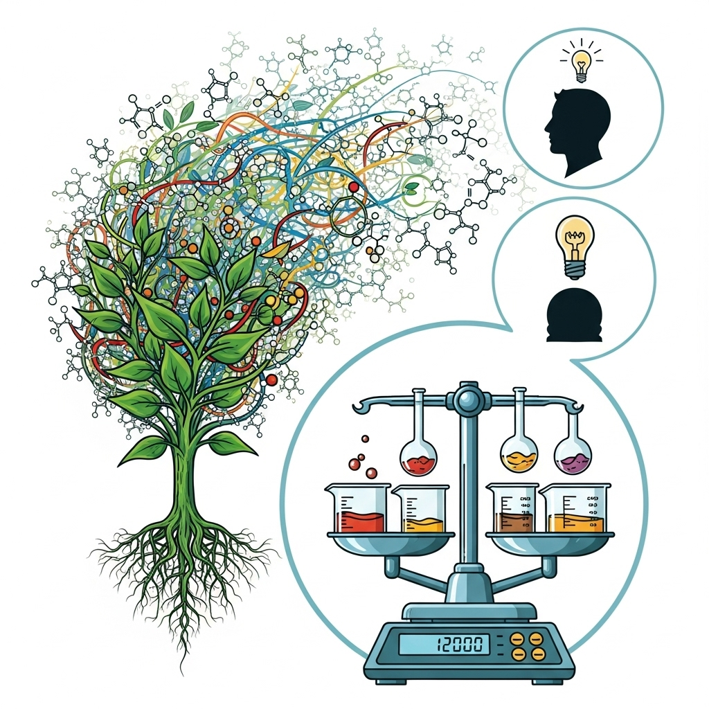 Diagrama que ilustra desafios em pesquisa de plantas: uma planta com uma rede complexa de moléculas, uma balança científica com líquidos em volumes diferentes, e um diagrama de uma cabeça com uma lâmpada apagada acima.