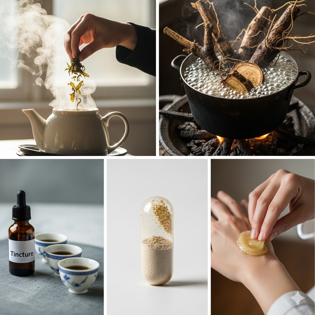 "Colagem de cinco imagens que demonstram diferentes formas de uso e preparação de plantas medicinais. No canto superior esquerdo, uma mão adiciona ervas secas a uma chaleira para infusão. No canto superior direito, raízes de plantas fervem em uma panela. No canto inferior esquerdo, um frasco conta-gotas rotulado como 'Tincture' está ao lado de xícaras pequenas. No centro inferior, uma cápsula transparente preenchida com pó de extrato de planta. No canto inferior direito, uma mão aplica uma pomada ou bálsamo à pele."