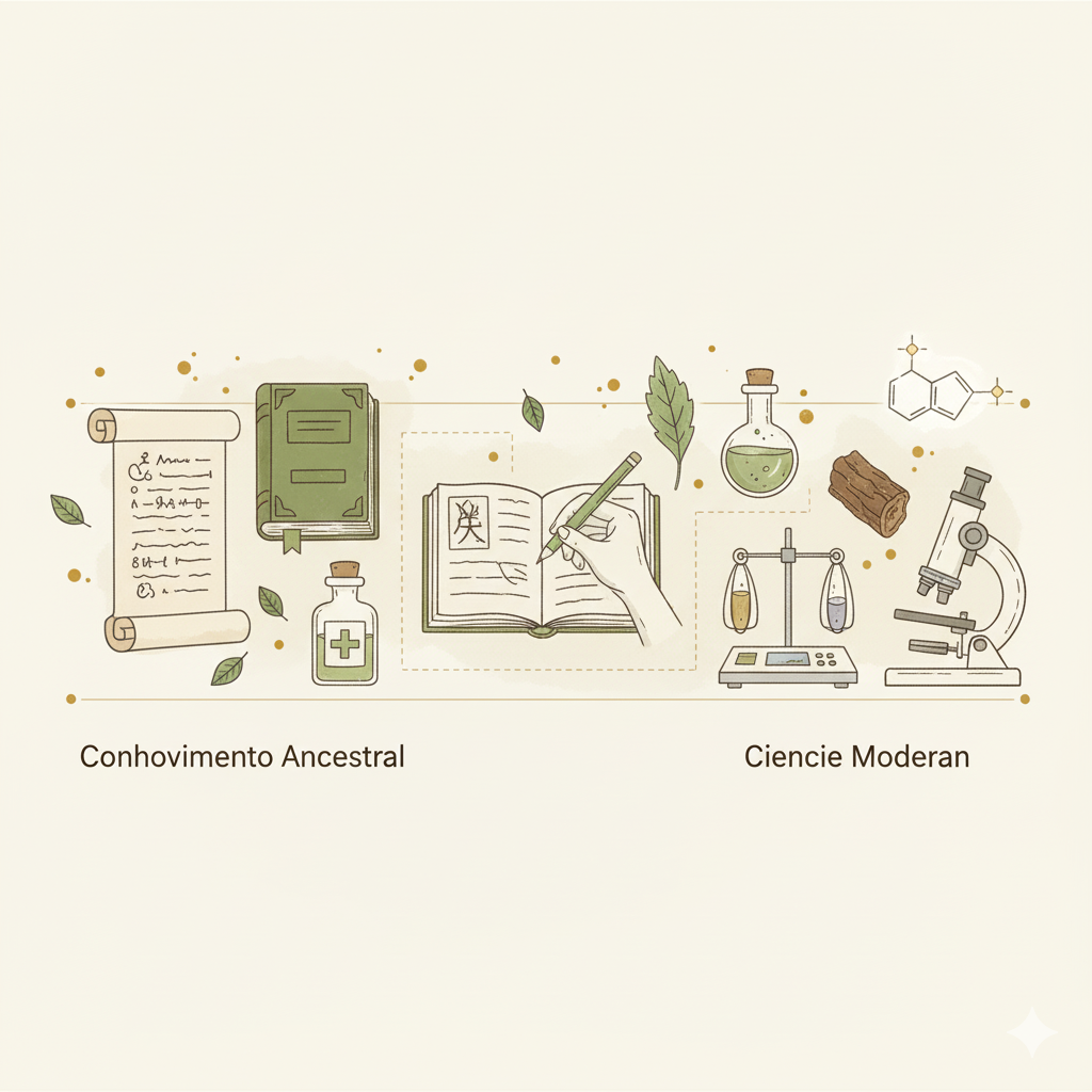 Imagem que ilustra a evolução da fitoterapia, mostrando pergaminhos e livros antigos à esquerda ("Conhecimento Ancestral") e frascos, balanças e um microscópio à direita ("Ciência Moderna").