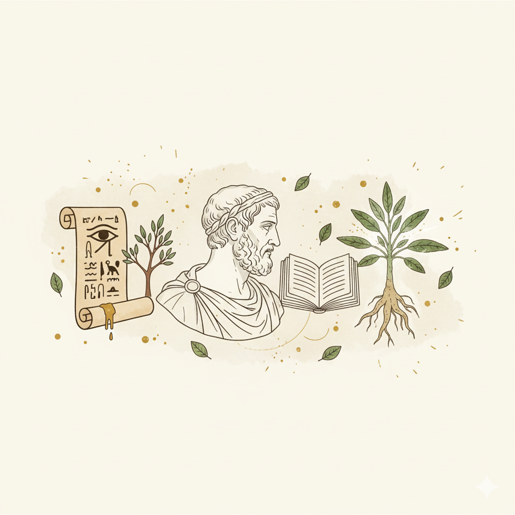Imagem representando civilizações antigas com um busto grego, um pergaminho egípcio, um livro aberto e uma planta com raízes expostas, em um estilo minimalista.
