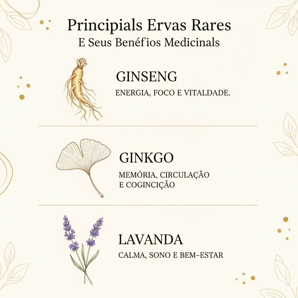 "Principais Ervas Raras e Seus Benefícios Medicinais", apresentando ilustrações e descrições de Ginseng, Ginkgo e Lavanda.