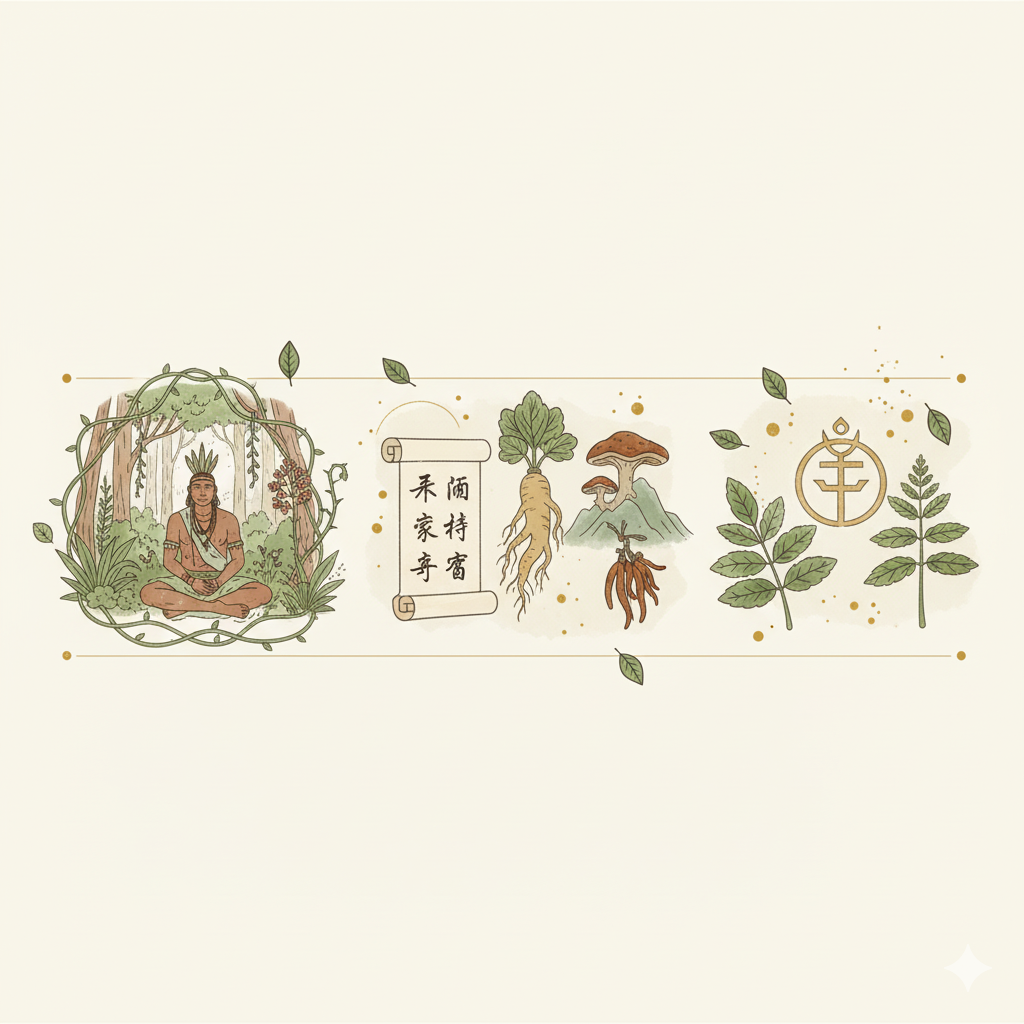 Imagem horizontal ilustrando tradições indígenas e medicinas orientais, com um indígena na floresta, um pergaminho chinês, ginseng, cogumelos e folhas, em estilo minimalista.