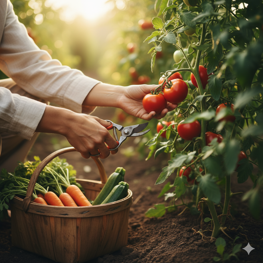 Uma fotografia de close-up das mãos de uma pessoa colhendo cuidadosamente um tomate maduro e espinafre fresco de uma horta.