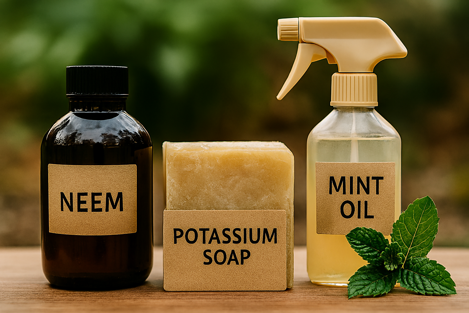 Ela mostra de forma clara e prática três alternativas naturais aos pesticidas químicos:
Óleo de Neem – em frasco âmbar, com rótulo simples, representando seu uso tradicional como repelente natural.
Sabão de Potássio – em bloco sólido, de cor bege, usado como solução diluída para combater pragas de forma suave.
Óleo de Hortelã – em borrifador transparente, acompanhado de folhas frescas de hortelã, simbolizando seu frescor e ação repelente.