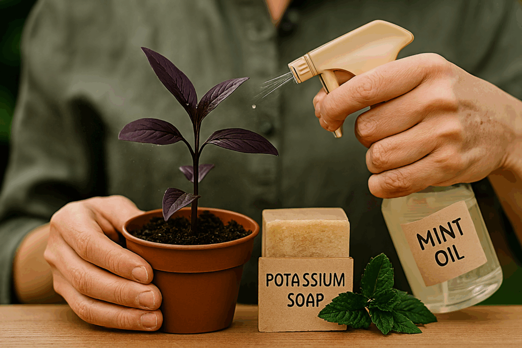 Ela mostra de forma realista e simbólica o cuidado na aplicação de bio-repelentes em uma planta rara: mãos humanas borrifando suavemente um spray natural sobre folhas delicadas, em um ambiente controlado e com luz suave. O foco está no gesto de delicadeza e proteção, transmitindo a ideia de que o manejo sustentável deve sempre respeitar a sensibilidade da planta.