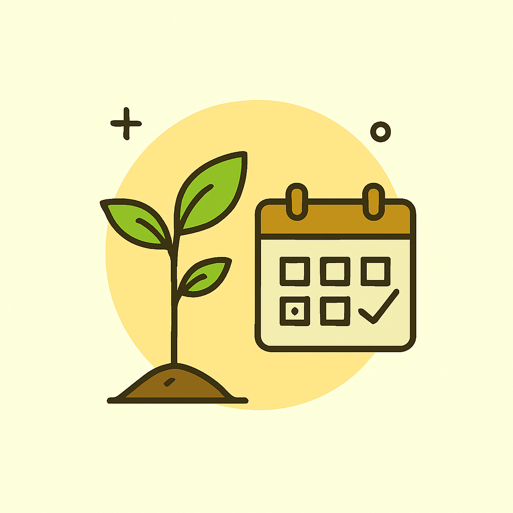 Ela traduz de forma simbólica e instrutiva a ideia de frequência ideal de aplicação e monitoramento:
Um calendário marcado, representando a regularidade necessária.
Uma planta saudável em destaque, mostrando o objetivo final do cuidado.
Uma lupa, simbolizando o monitoramento constante.
Um spray natural ao lado, reforçando o uso de bio-repelentes de forma segura e sustentável.