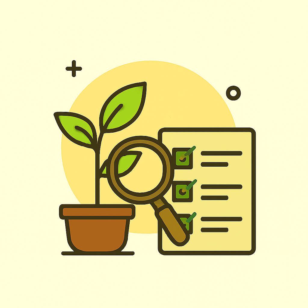 Ela simboliza o conceito de Monitoramento e Manutenção Contínua:
A planta rara em destaque, representando o objeto de cuidado.
A lupa, que traduz a observação atenta e detalhada.
O checklist, reforçando a importância do registro meticuloso e da disciplina no acompanhamento.
O estilo limpo e minimalista, com cores quentes e suaves, transmite a ideia de constância e equilíbrio.