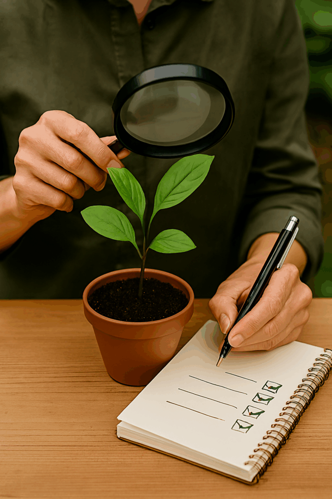 Ela mostra de forma realista e simbólica a rotina de inspeção visual e registro de saúde das plantas: um jardineiro observando atentamente uma planta rara com o auxílio de uma lupa, enquanto anota em um caderno suas observações. A cena transmite a ideia de “conversar” com as plantas diariamente — não em palavras, mas em atenção aos detalhes, percebendo pequenas mudanças que podem indicar saúde ou risco.