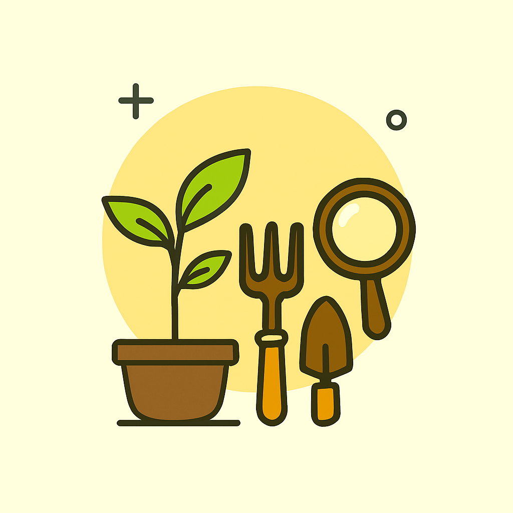 Ela mostra de forma simbólica e instrutiva as ferramentas úteis para jardinagem de precisão:
Lupa → para observar detalhes minuciosos nas folhas e caules.
Caderno de registro → essencial para anotar mudanças e manter histórico de saúde das plantas.
Termômetro de solo → garante que a temperatura esteja adequada para espécies sensíveis.
Medidor de umidade → ajuda a evitar tanto o excesso quanto a falta de água.
Tesoura de poda fina → permite cortes delicados sem danificar tecidos frágeis.