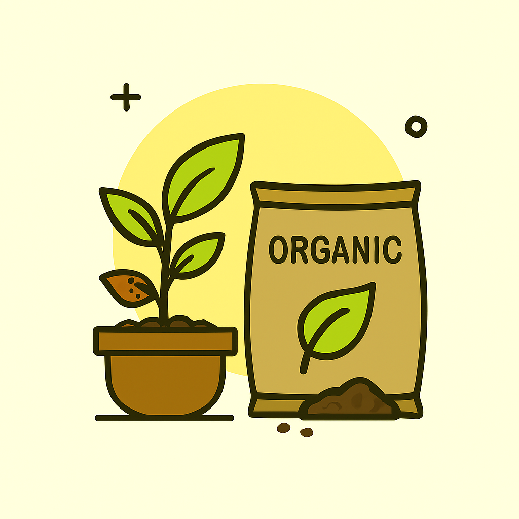 Ela simboliza o reforço nutricional com compostos orgânicos após uma infestação:
A planta aparece em um vaso, com folhas parcialmente danificadas e outras já verdes e saudáveis, representando o processo de recuperação.
Ao lado, um saco de adubo orgânico com ícone de folha verde reforça a ideia de nutrição natural.
Pequenos grânulos de fertilizante aparecem no solo, sugerindo a aplicação cuidadosa.
O fundo circular em tom quente transmite a sensação de equilíbrio e vitalidade, destacando a importância da dosagem correta.