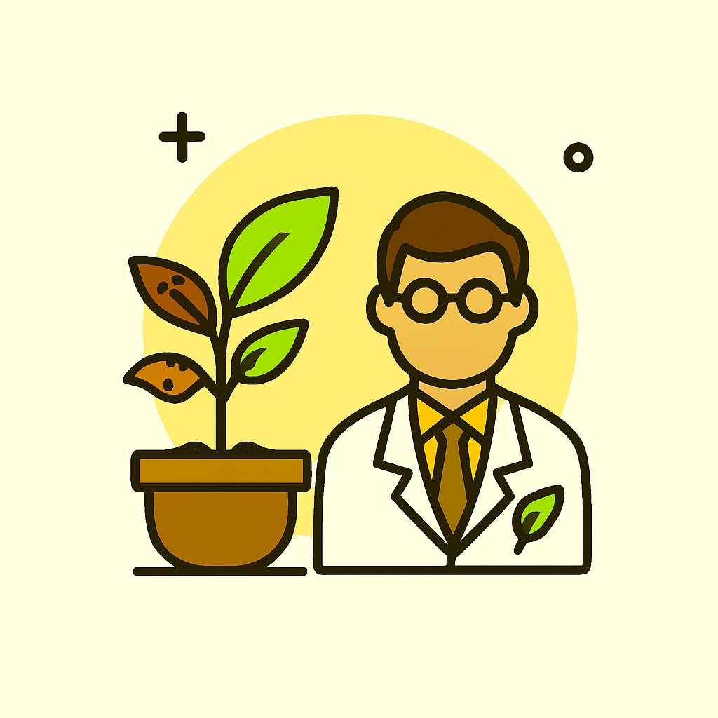 Ela mostra, de forma simbólica e realista, um jardineiro observando com preocupação uma planta rara, enquanto ao fundo aparece um especialista em botânica com crachá e ferramentas específicas. O contraste entre o cuidado pessoal e o apoio técnico reforça a mensagem: reconhecer os próprios limites é um gesto de sabedoria e respeito pela vida vegetal.