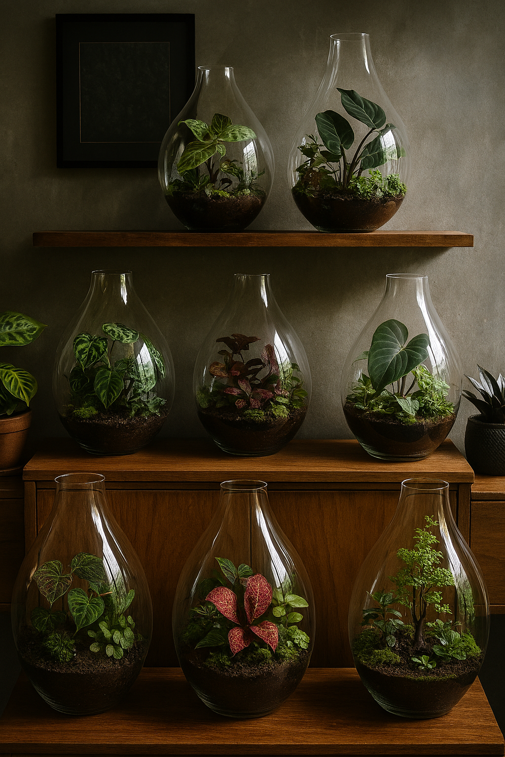 Terrários de vidro com plantas raras exibidos em prateleiras de madeira, criando uma decoração elegante e sustentável em ambiente interno. 🌿