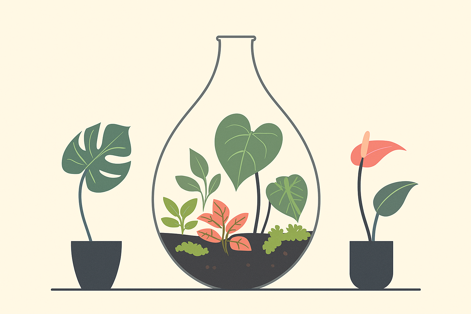 Ilustração minimalista de um terrário com plantas raras ao centro, acompanhado por duas plantas ornamentais em vasos, em estilo moderno e clean.