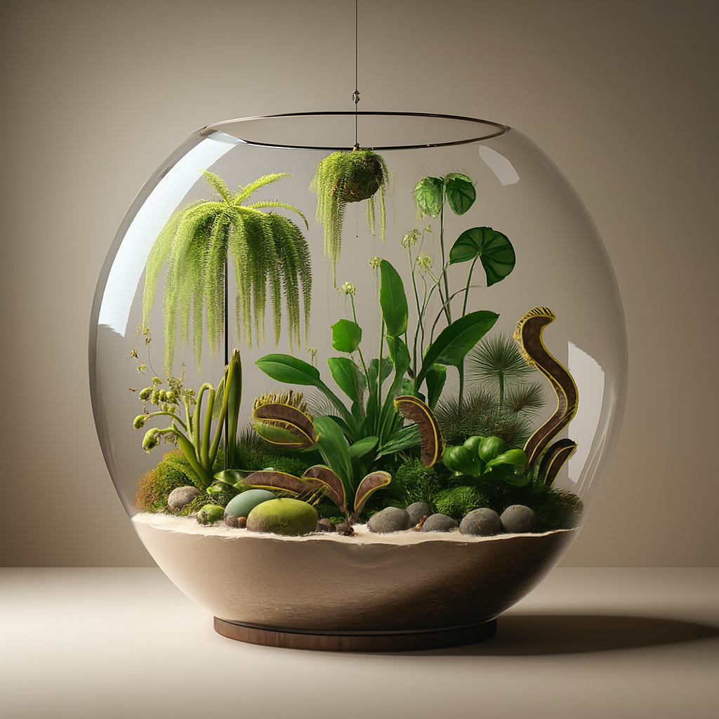 Terrário esférico de vidro com base de madeira, contendo plantas raras, musgos, pedras e espécies carnívoras como dioneias e jarros, formando um ecossistema em miniatura.