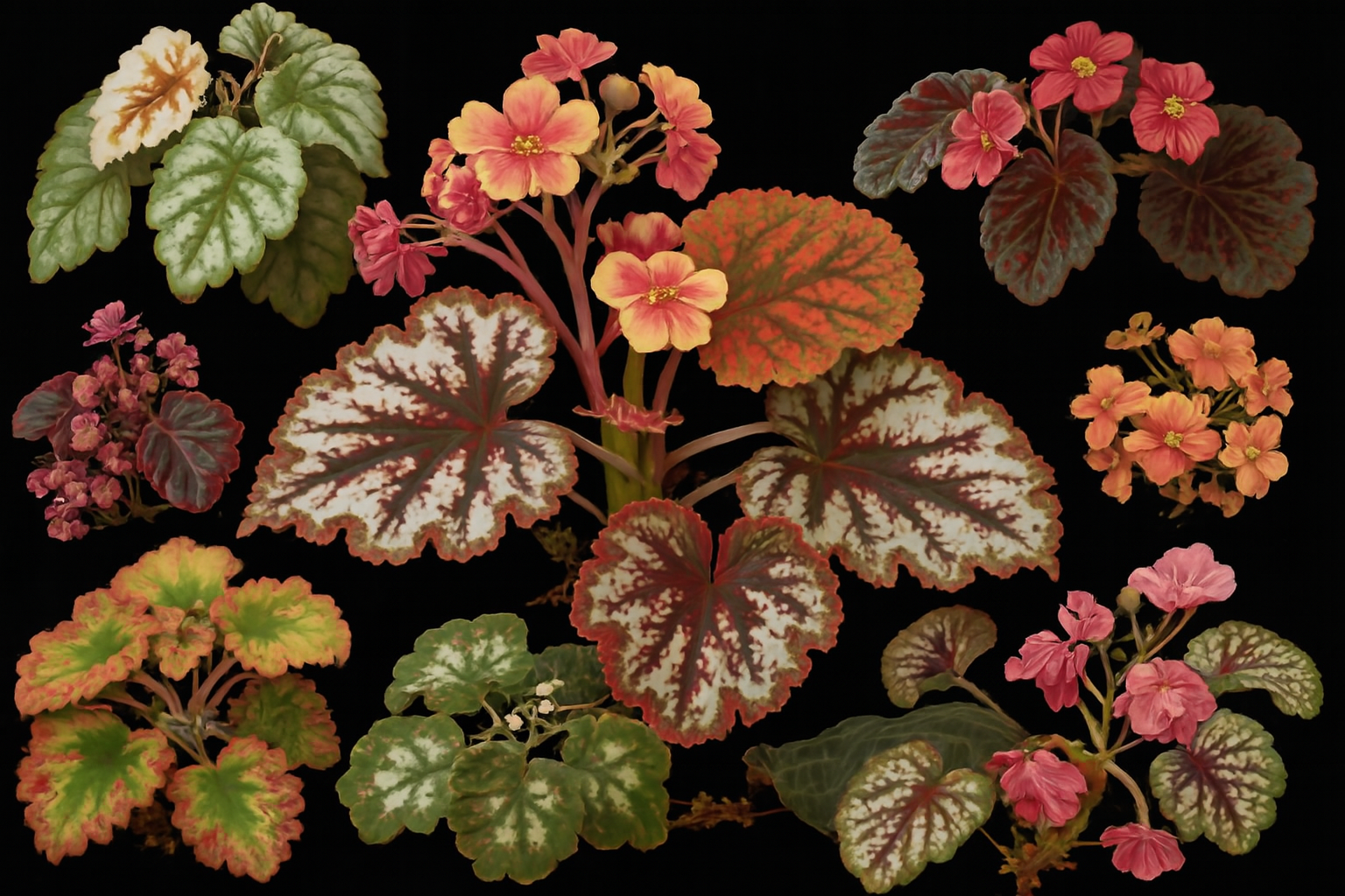 A composição botânica das Begônias em destaque, com o fundo preto realçando ainda mais as cores e texturas das folhas e flores.