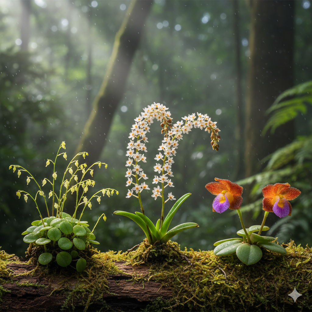 Uma imagem de close-up de três plantas de orquídeas em miniatura, cada uma exibindo uma cor e forma únicas, com o fundo desfocado de uma floresta.