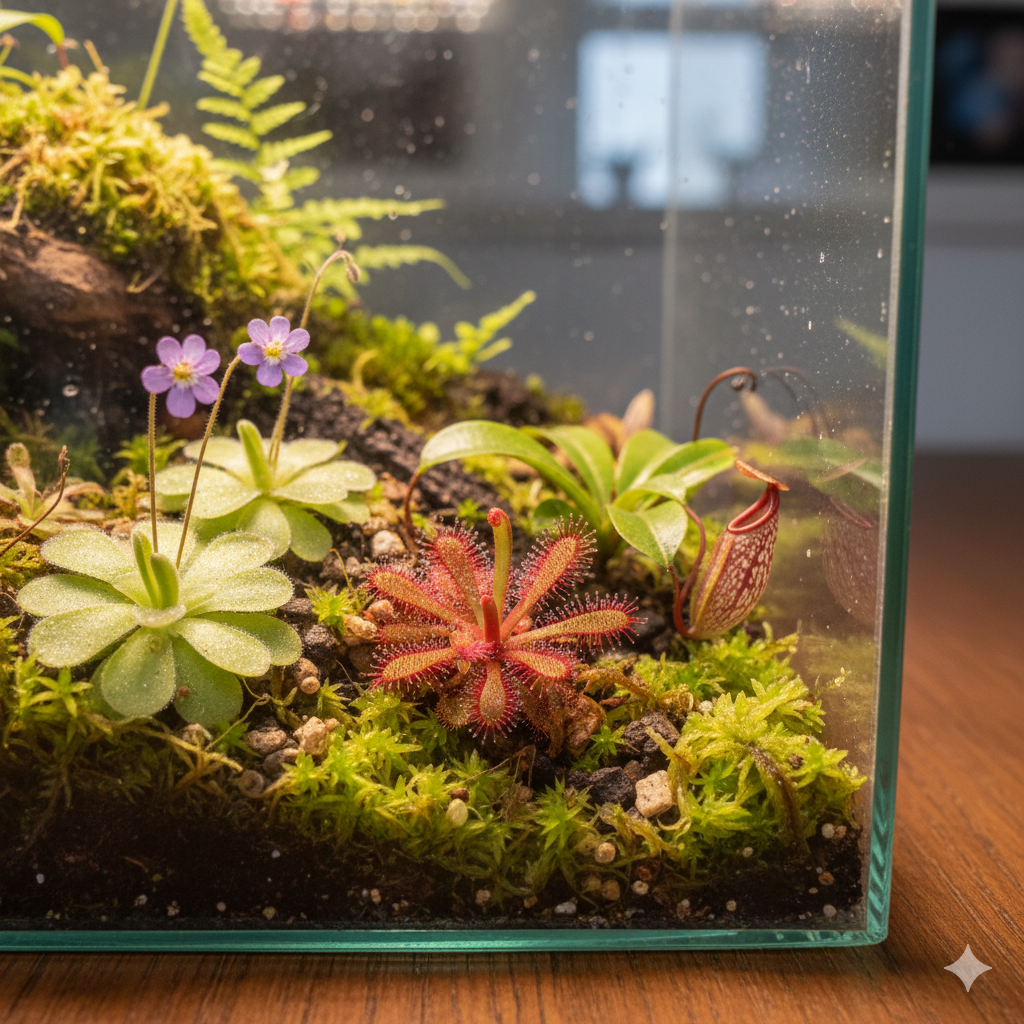 Uma foto em close-up de um terrário de vidro com plantas carnívoras em miniatura, incluindo uma Pinguicula e uma Drosera, em um ambiente interno.