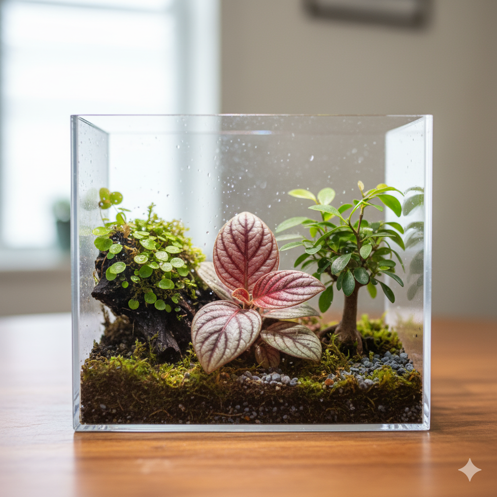 Uma foto em close-up de um terrário de vidro com plantas em miniatura, incluindo uma Labisia sp., Microgramma sp. e um Ficus 'Panamá', com um fundo borrado.