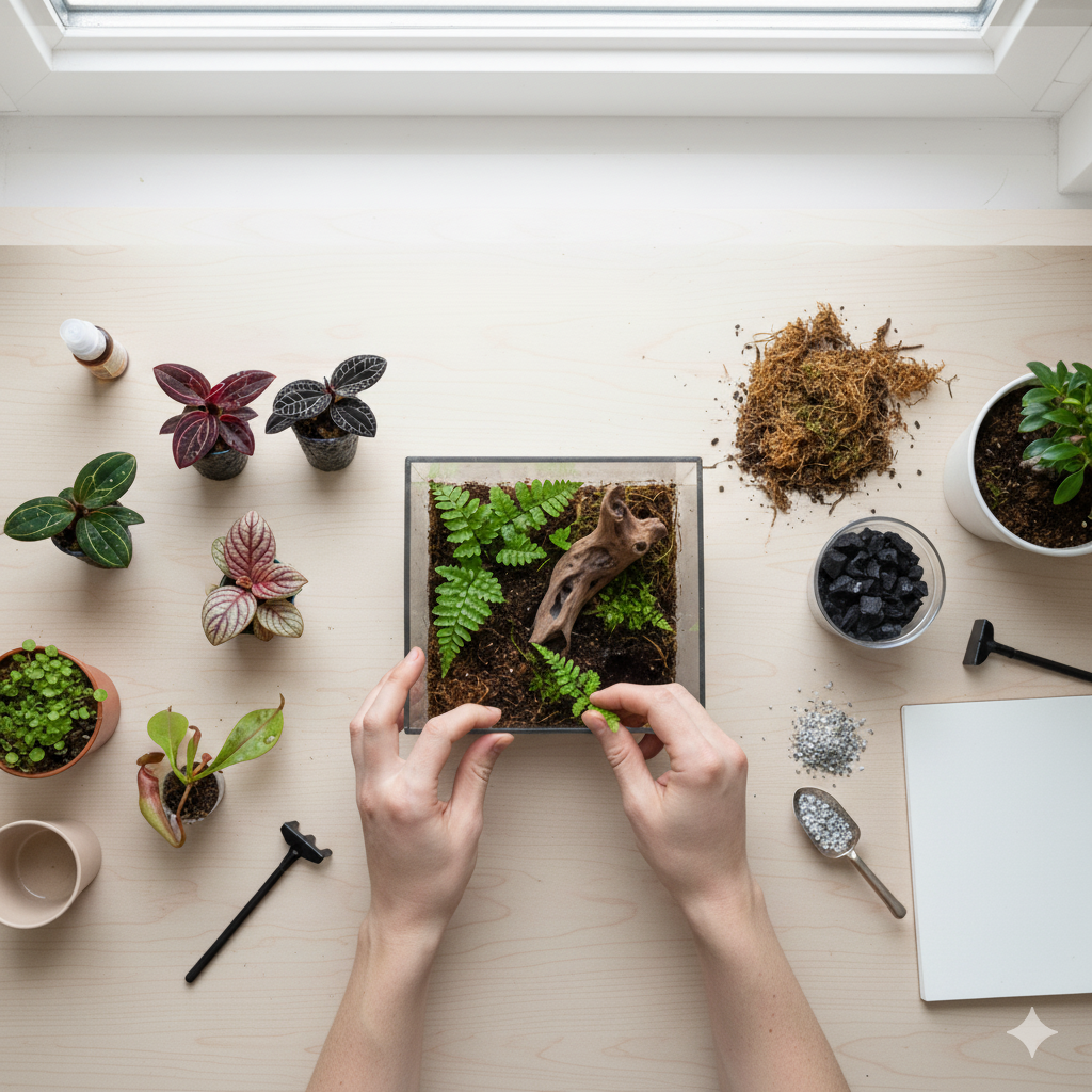Uma vista de cima de duas mãos plantando em um terrário de vidro, cercado por várias plantas em vasos, ferramentas de jardinagem e substratos em uma superfície de madeira clara perto de uma janela.