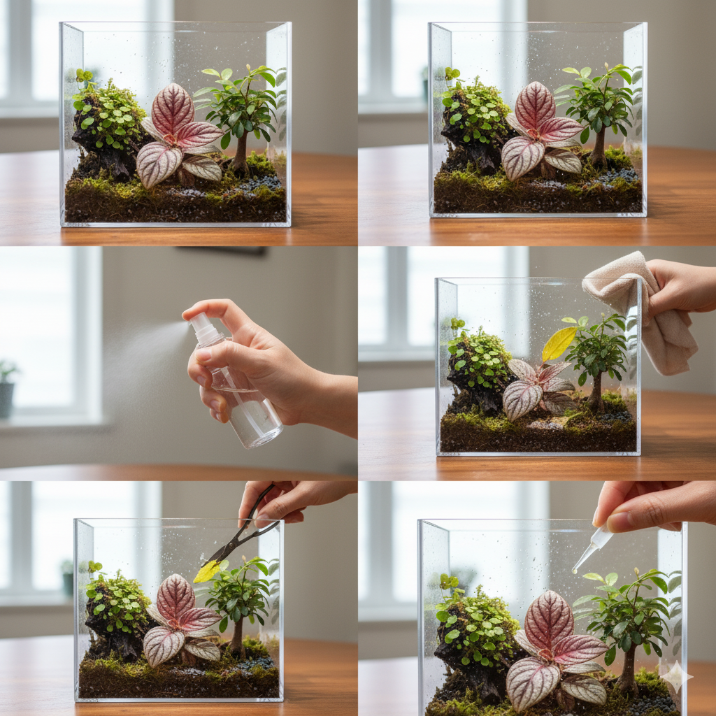 Uma colagem de seis imagens ilustrando os cuidados e a manutenção de um terrário. As imagens mostram um terrário de vidro em uma mesa de madeira em diferentes estágios de manutenção: recebendo luz indireta, sendo borrifado com água, limpando o vidro, podando uma folha amarelada e adicionando fertilizante líquido.