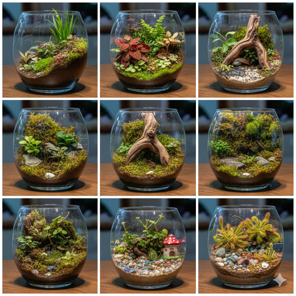 Uma colagem de nove terrários de vidro de mesa, cada um exibindo um design único e criativo, com várias plantas, musgos, troncos e pedras, alguns incluindo elementos temáticos como uma pequena casa de cogumelo.