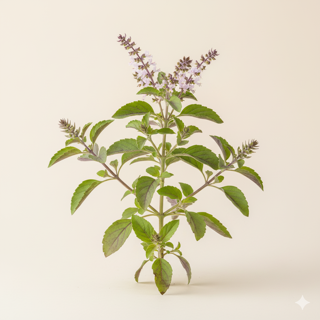Planta de Tulsi (Manjericão Sagrado) de perfil com folhas verdes e flores roxas claras.