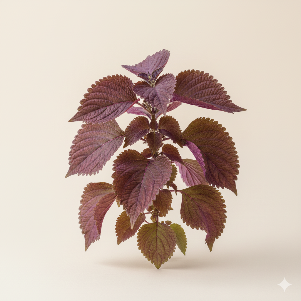Planta de Shiso com folhas roxas escuras e serrilhadas, vista de perfil.