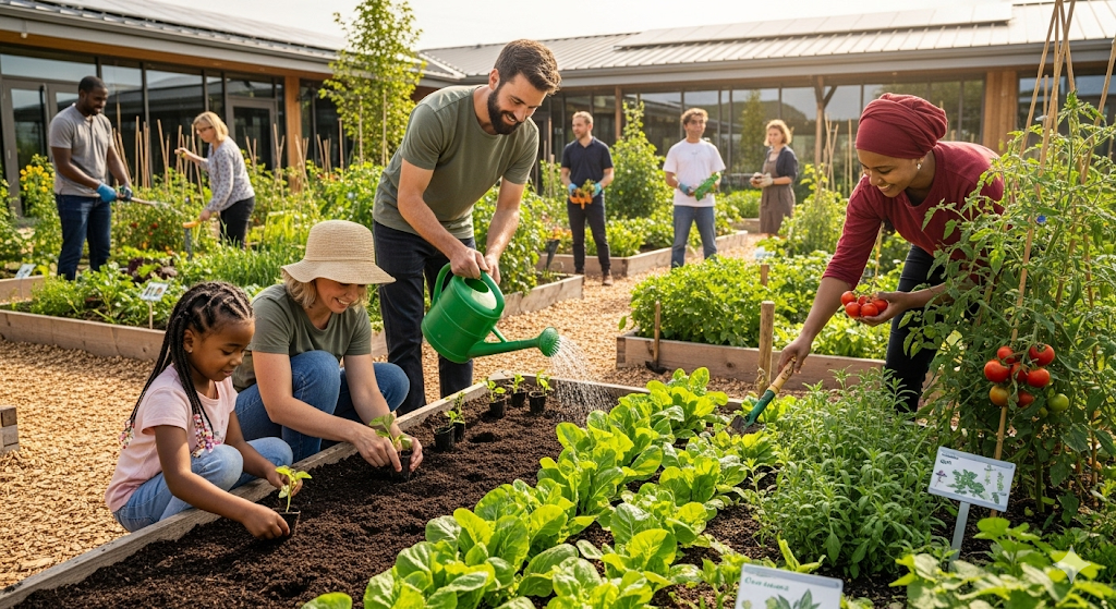 Um grupo diversificado de pessoas, incluindo adultos e crianças, colaborando alegremente em uma horta comunitária, plantando e regando, sob a luz do sol.