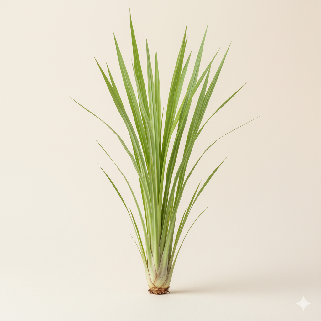 Planta de Lemongrass (Capim-Limão) com longas folhas verdes e base bulbosa, vista de perfil.