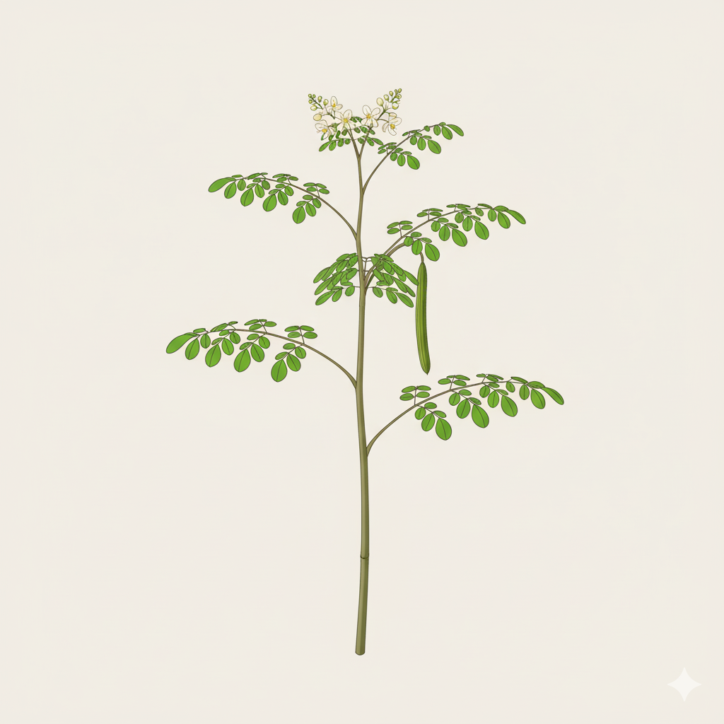 Planta de Moringa ilustrada com folhas ovais, pequenas flores brancas e uma vagem.