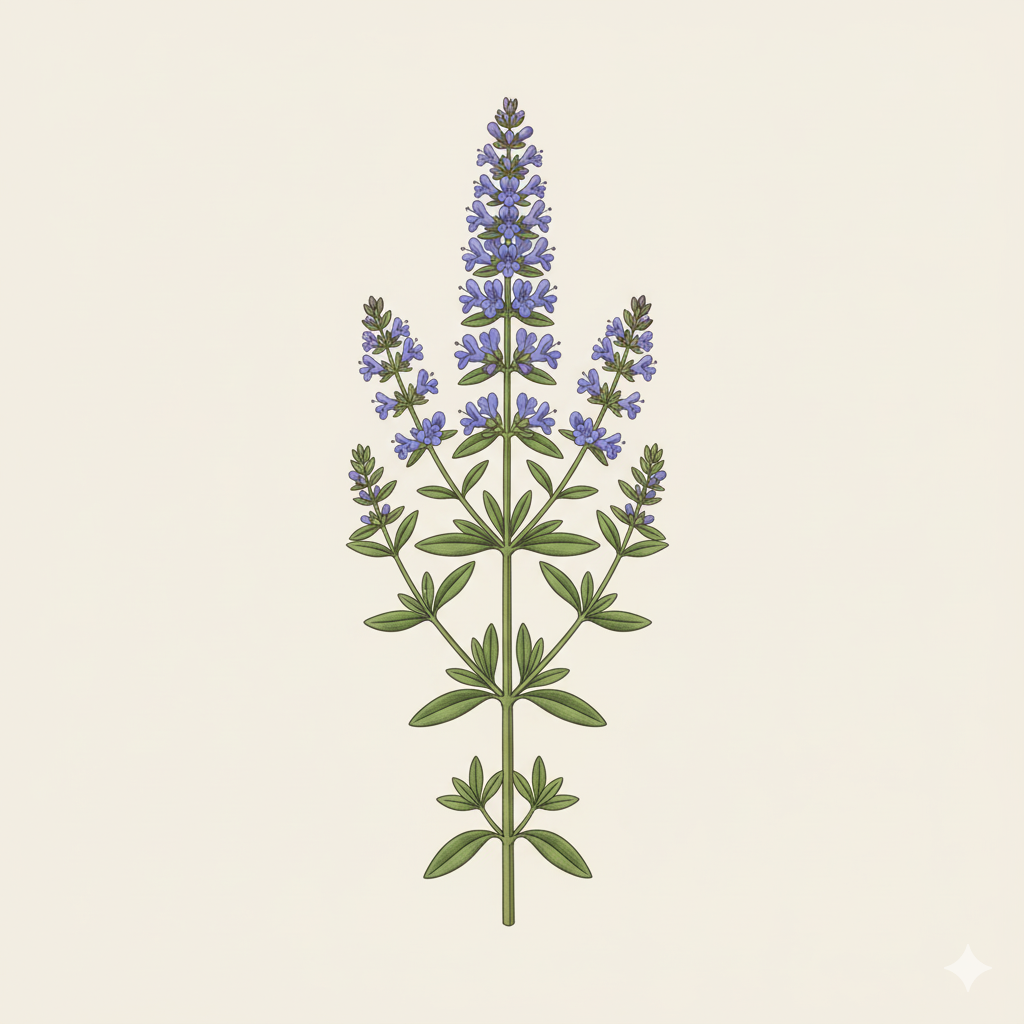 Ilustração de uma planta de Hissopo com pequenas folhas verdes e espigas de flores azuis-arroxeadas.