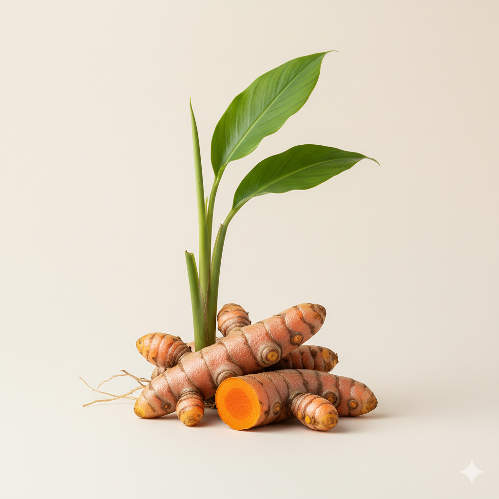 Pedaços de cúrcuma fresca com uma folha verde brotando, um dos rizomas cortado para mostrar o interior laranja vibrante.
