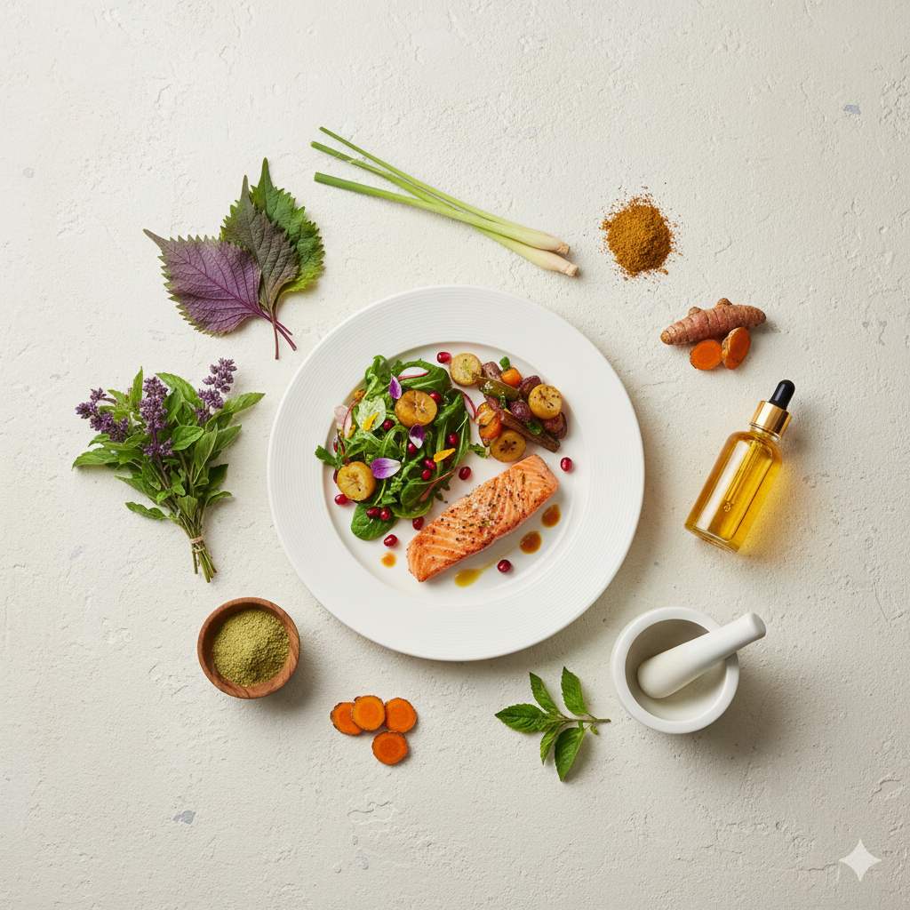Disposição minimalista e moderna de um prato saudável com salmão e salada, cercado por ervas exóticas, especiarias, óleo essencial e pilão, sobre uma superfície clara.
