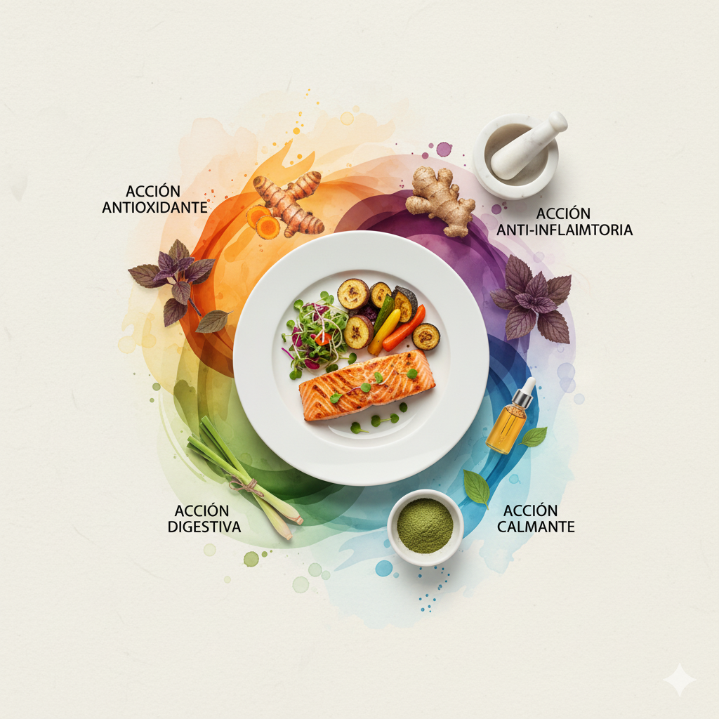 Composição abstrata e vibrante com um prato central de salmão e vegetais, rodeado por elementos como cúrcuma, gengibre, shiso, lemongrass e pó de moringa, sobre um fundo de aquarela colorida.