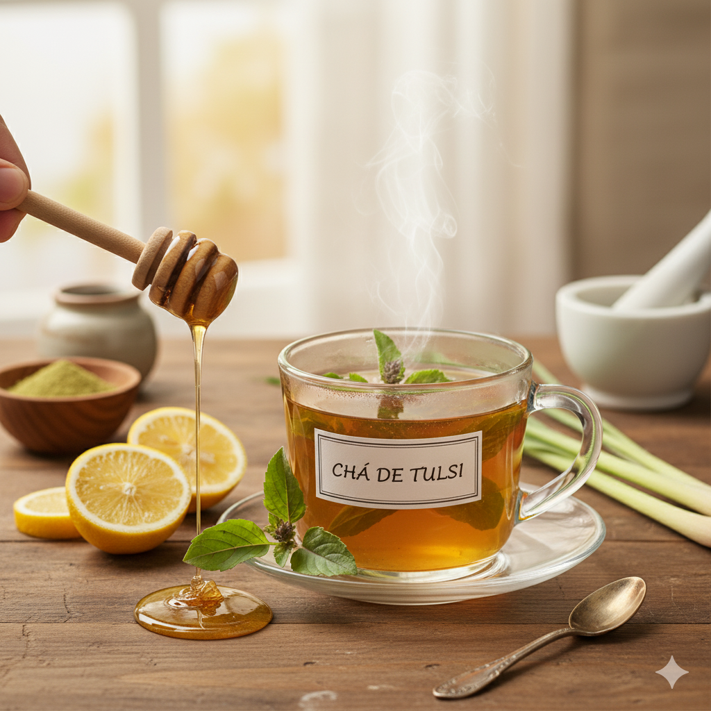 Uma xícara fumegante de chá de Tulsi com folhas frescas, mel sendo derramado com um pegador de madeira, e fatias de limão ao lado, sobre uma mesa de madeira.v