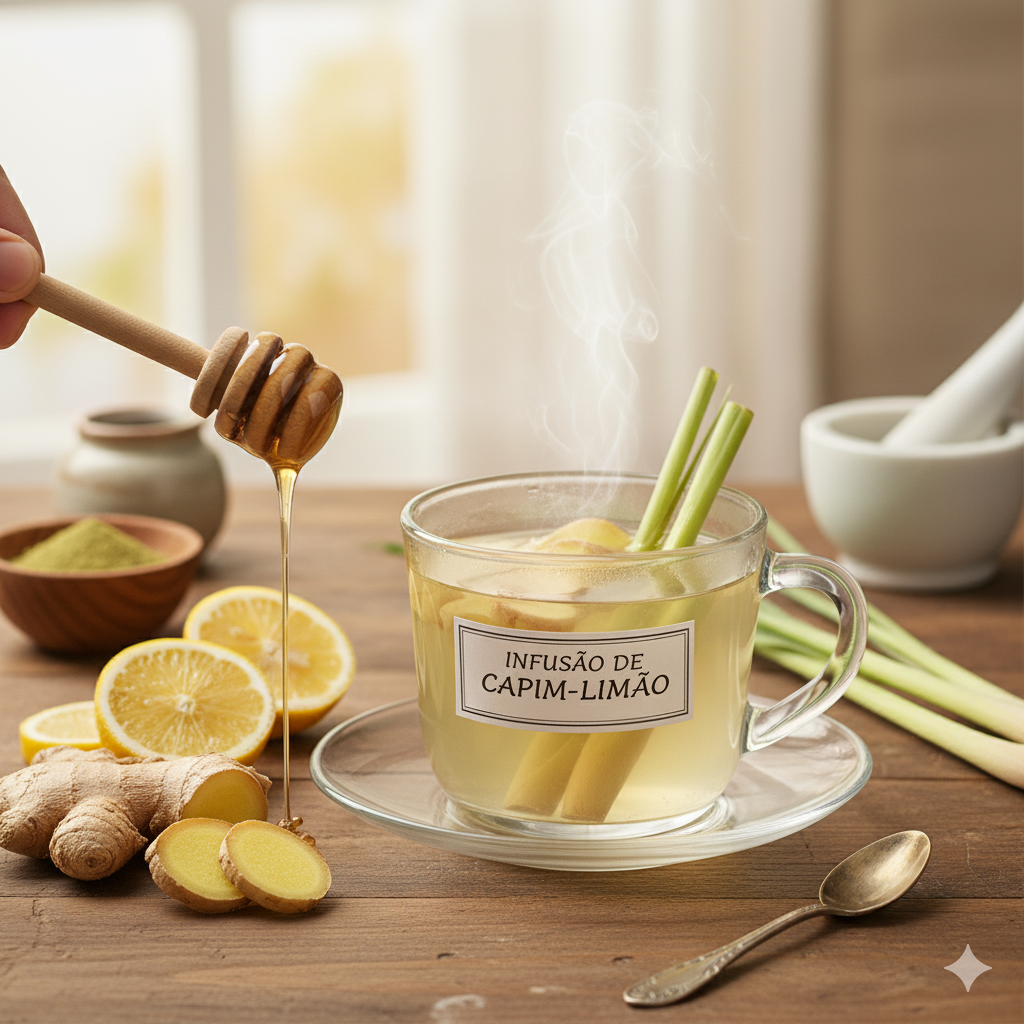 Uma xícara fumegante de infusão de capim-limão com pedaços de gengibre fresco, mel sendo derramado com um pegador de madeira, e fatias de limão ao lado, sobre uma mesa de madeira.
